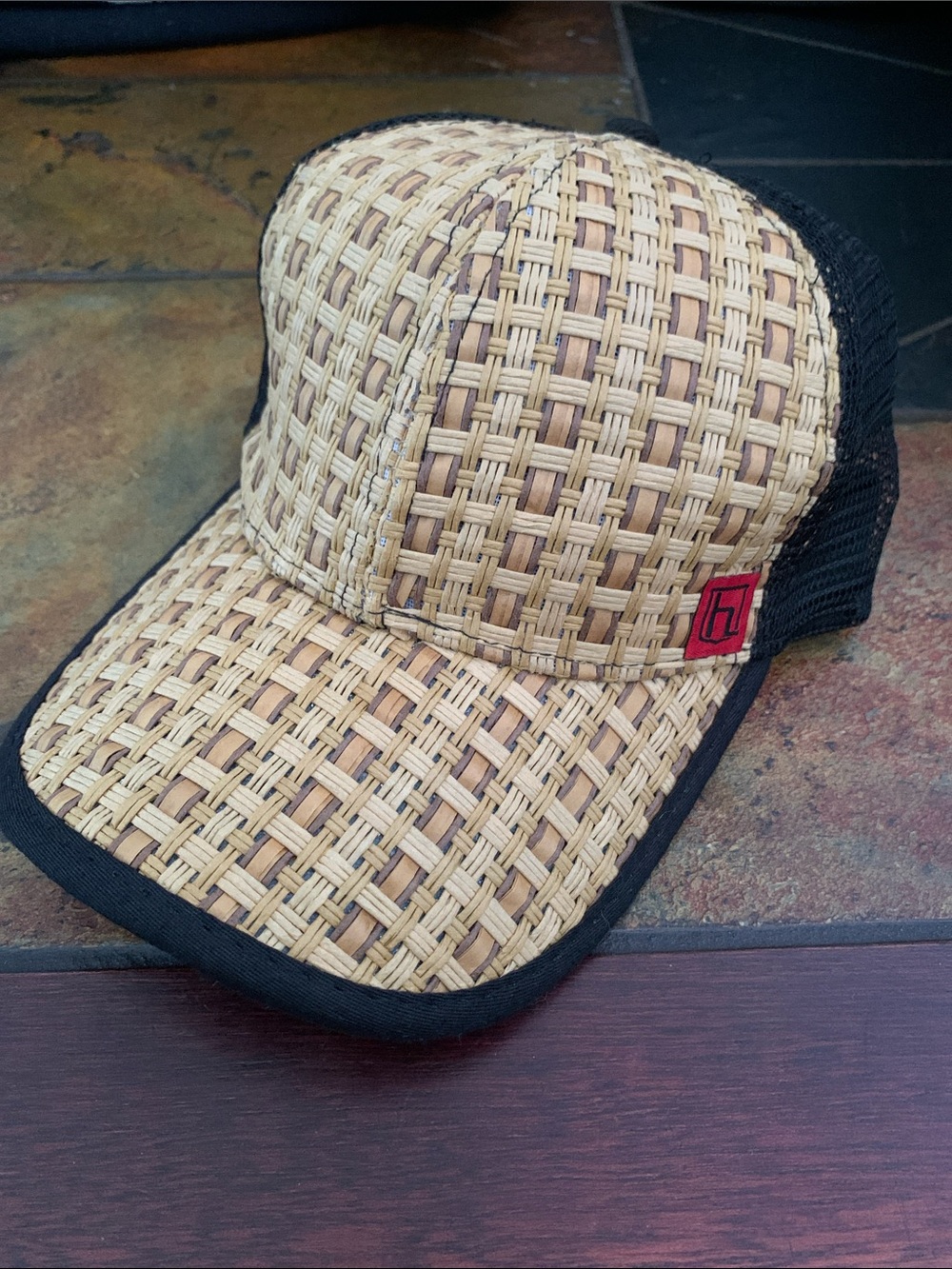 Homegrown form Hawaii Woven Straw-Style Trucker Hat with Black Mesh